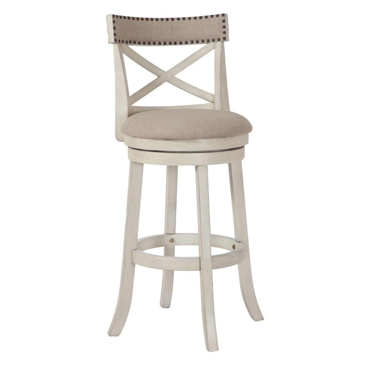 Curved X Shaped Back Swivel Barstool with Fabric Padded Seating， Antique White- Saltoro Sherpi