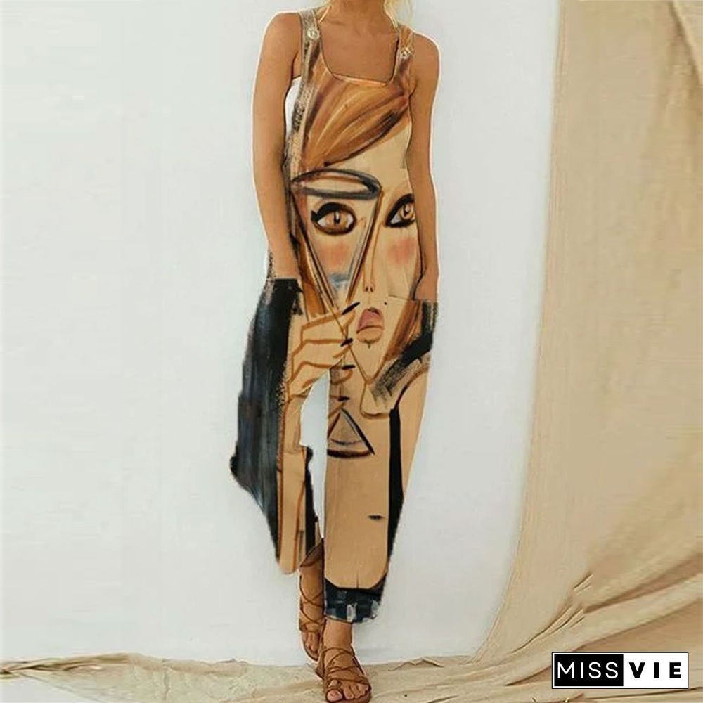 Women Fashion Sleeveless Straps Wide Leg Pants Sexy Printed Rompers Summer Jumpsuits Casual Long Overalls Vintage Suspenders