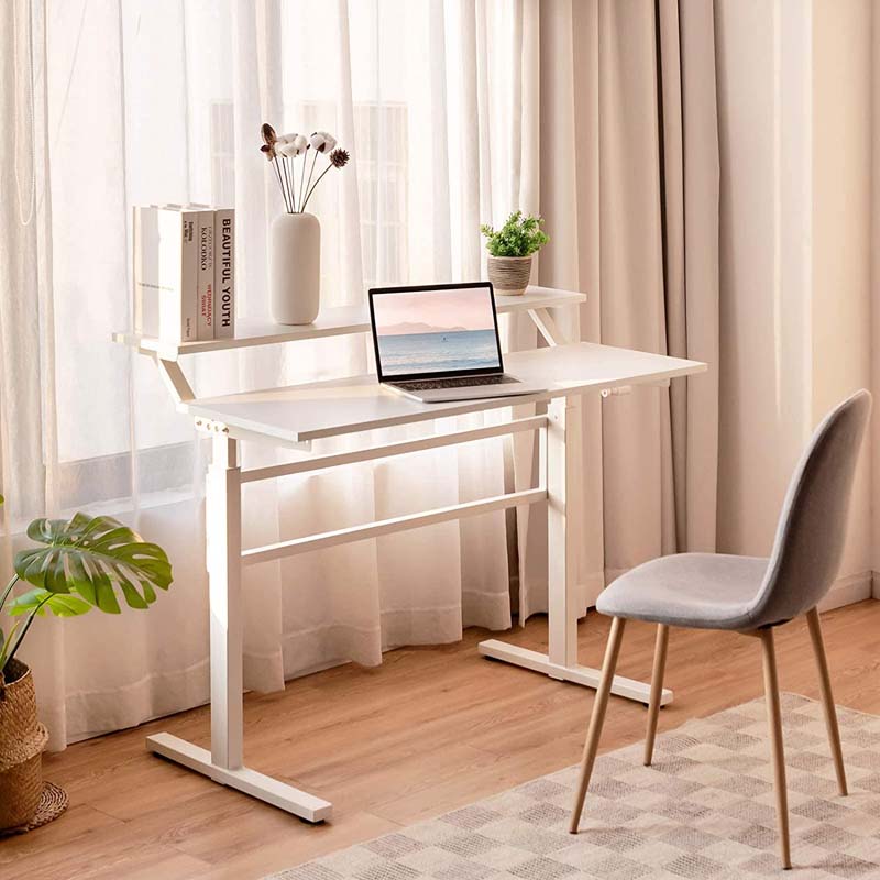 2-Tier Standing Desk, Height Adjustable Sit Stand Up Desk, Computer Desk Workstation with Monitor Stand & Foldable Crank Handle