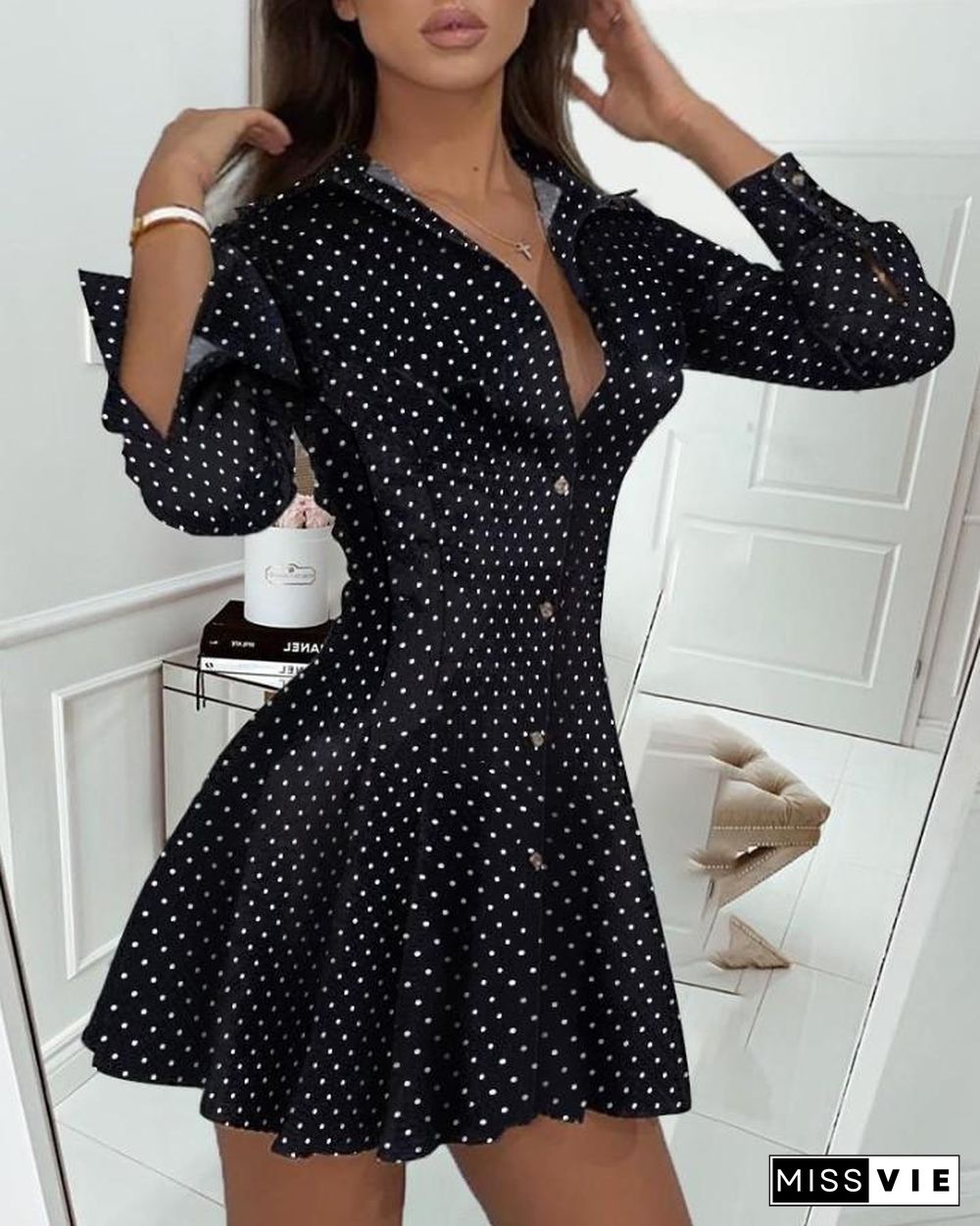 Dot Print Pleated Skater Dress P11289