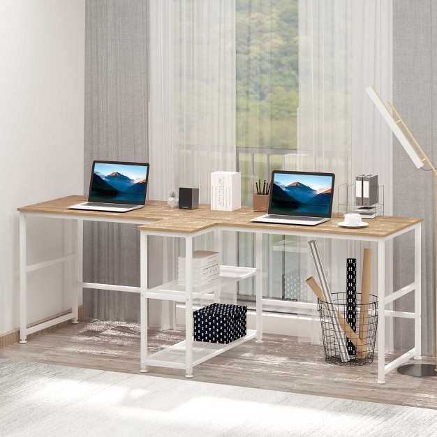 Two Person Computer Desk With 2 Storage Shelves Double Desk Workstation With Book Shelf Long Desk Table For Home Office