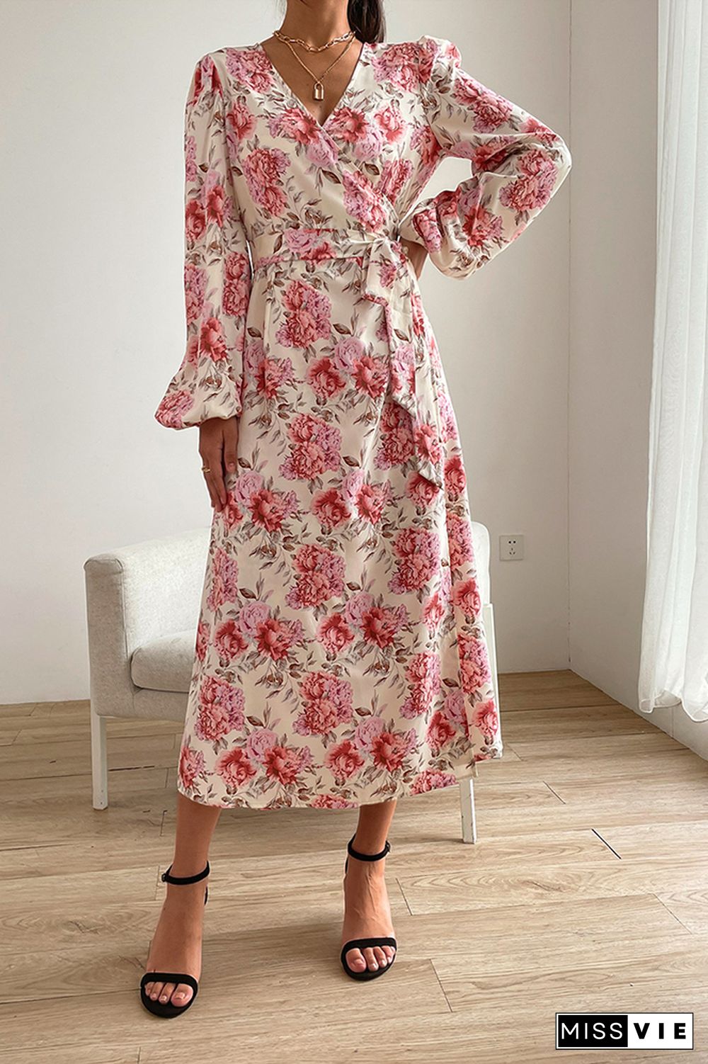 V Neck Puff Sleeve Waist Tie Knot Split Floral Dress