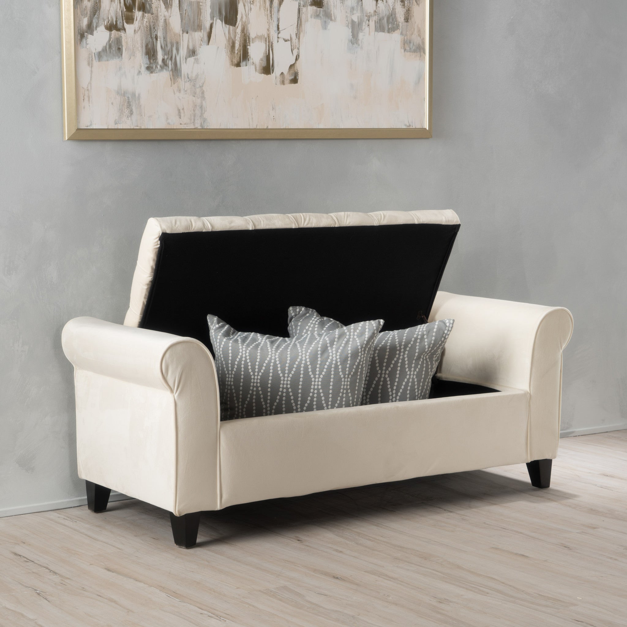 Berggren Contemporary Rolled Arm Velvet Storage Ottoman Bench, Ivory and Dark Brown