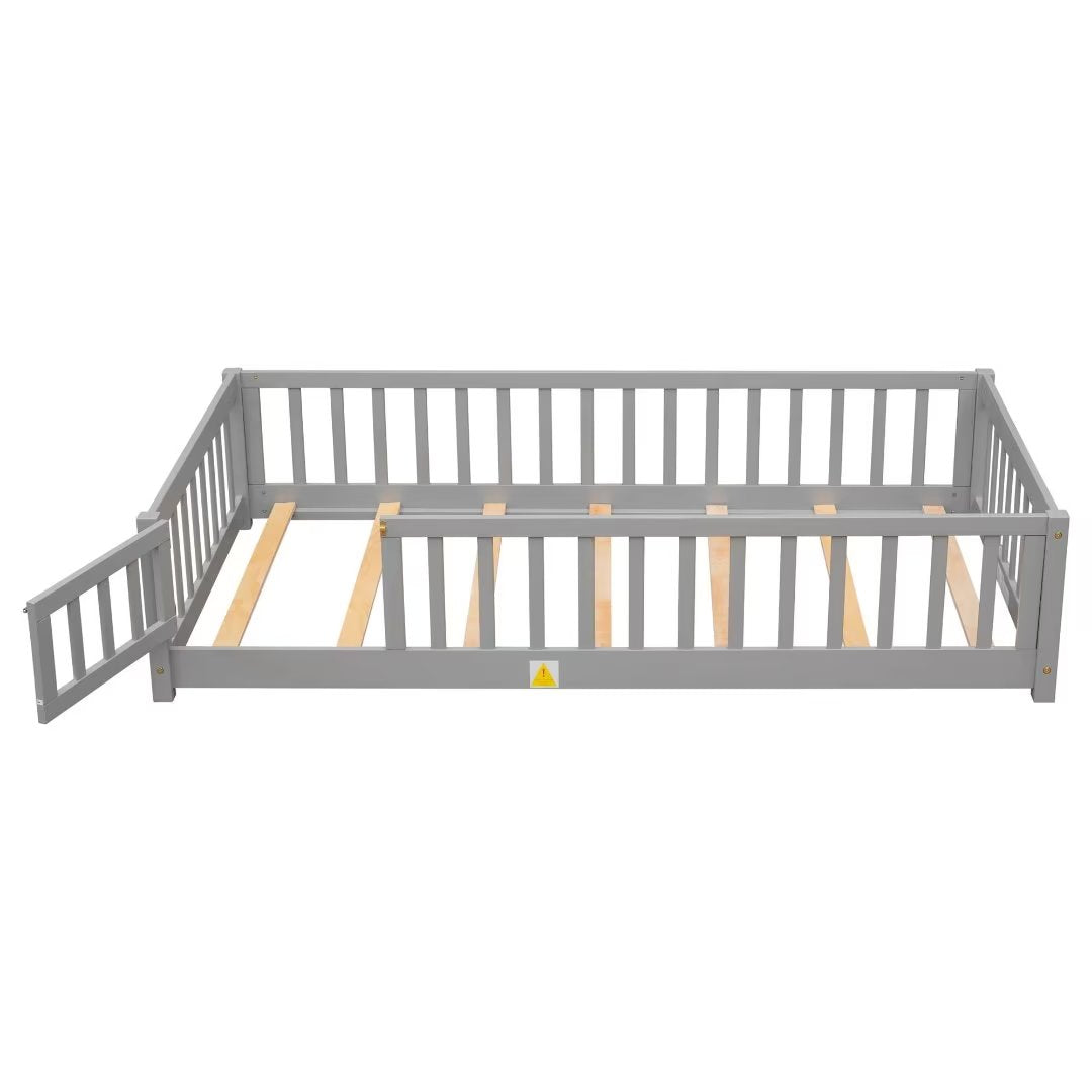 Twin Size Floor Bed for Kids, Wood Twin Montessori Bed Frame with Fence Guardrails and & Support Slats, Twin Playhouse Bed with Door Design, Kids Fence Bed Playpen Bed for Toddler, Boys ,Girls, Gray