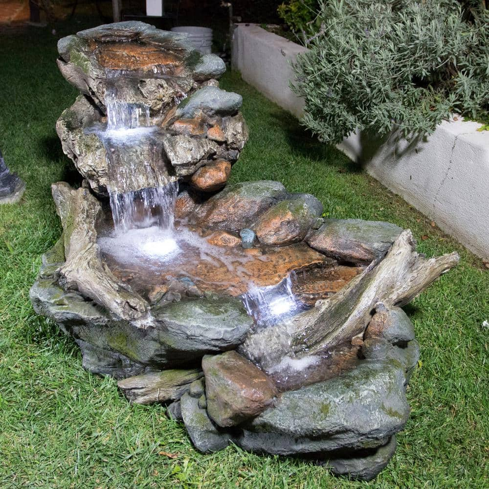 Alpine Corporation 60 in. Long Outdoor 3-Tier Rainforest Rock River Water Fountain with LED Lights WIN558