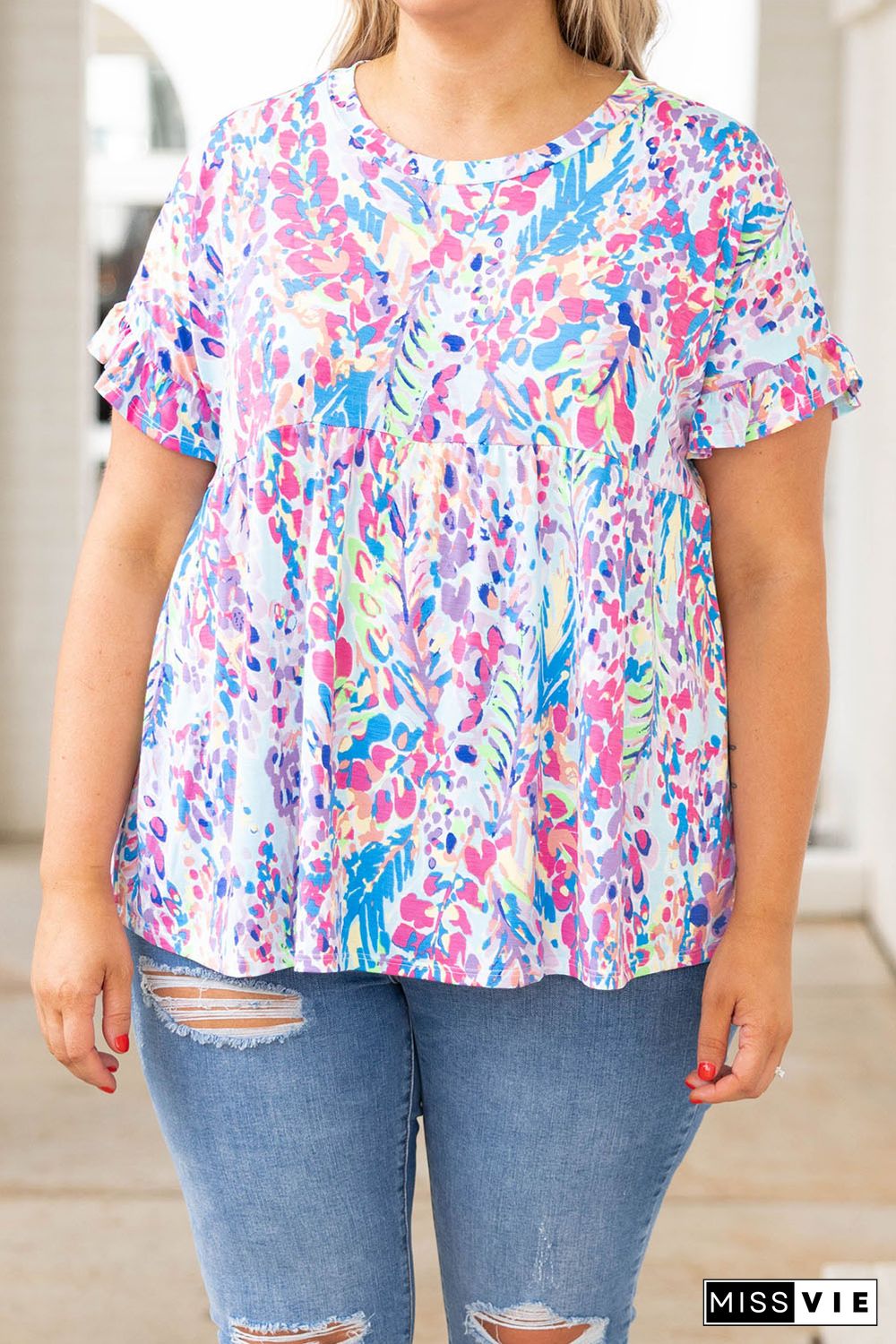 Purple Vibrant Botanical Print Frill Short Sleeve Plus Size Top