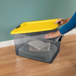 HDX 64 Qt. Latching Storage Box in Gray Tint with Yellow Lid 14979Y06