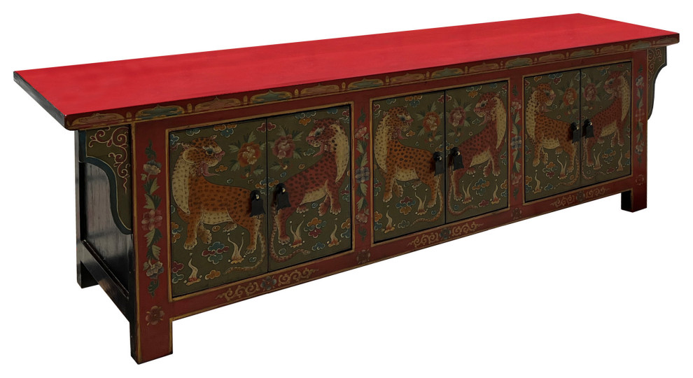 Chinese Tibetan Brick Red Jaguars 3 Doors Low TV Media Console Table Hcs7612   Asian   Entertainment Centers And Tv Stands   by Golden Lotus Antiques  Houzz