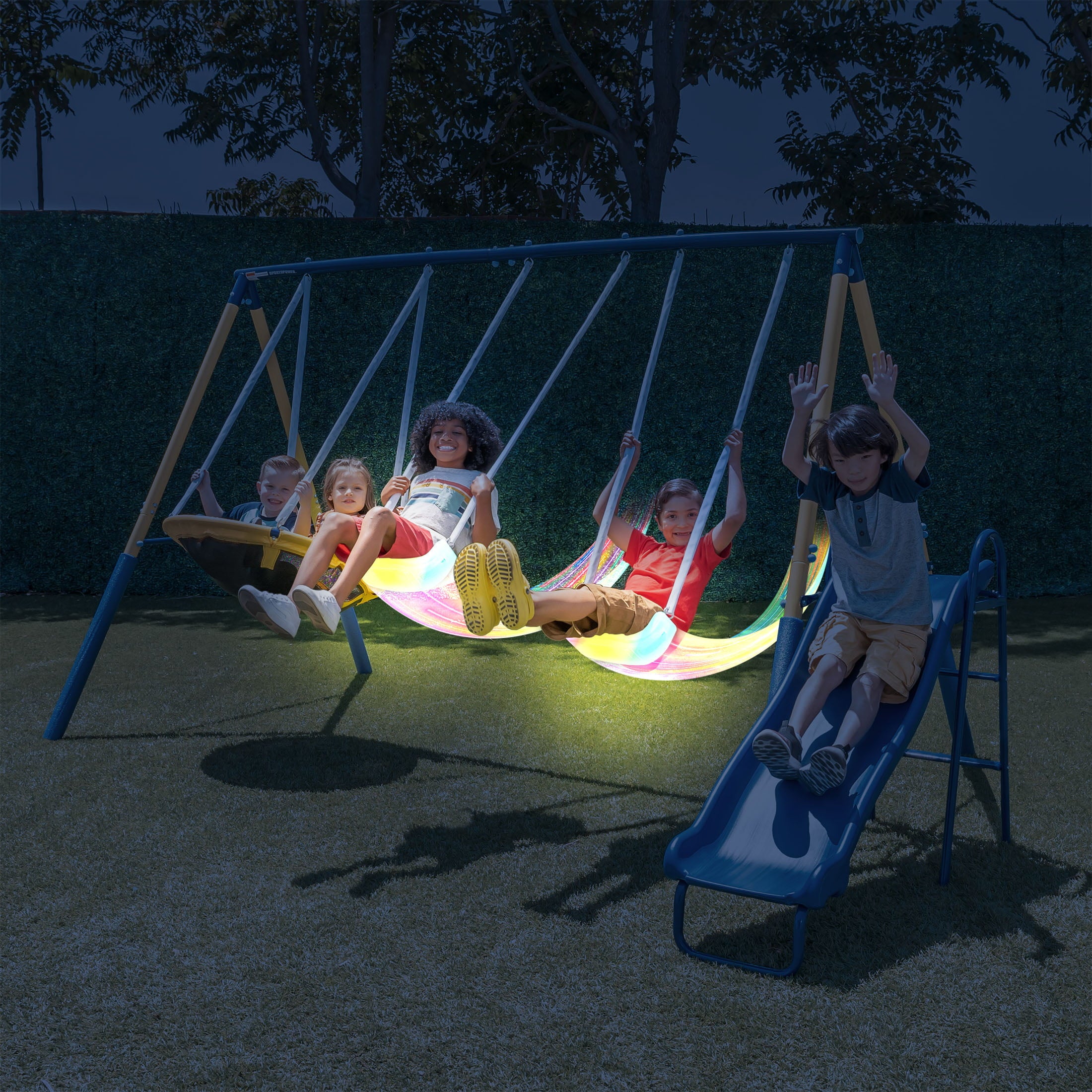 Sportspower Starlight Metal Swing Set with 2 LED Swings， Saucer Swing， 5ft Slide and Anchor Kit