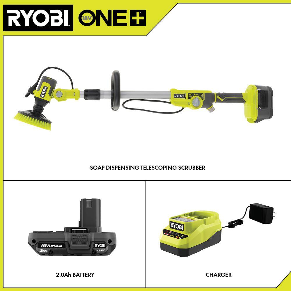 RYOBI ONE+ 18V Cordless Soap Dispensing Scrubber Kit with 2.0 Ah Battery and Charger PCL1701K