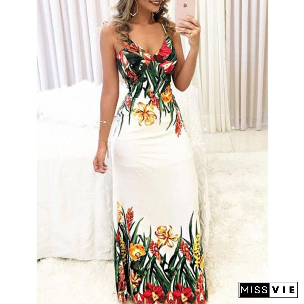 Summer Women Lady Sexy Sleeveless Strap Deep V-Neck Long Maxi Evening Party Elegant Dress Sundress