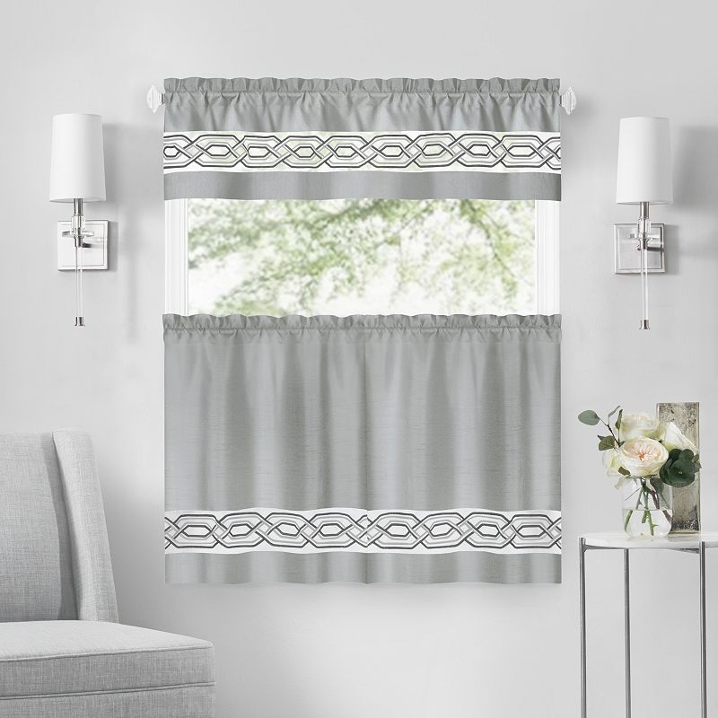 Kate Aurora Pacifico Complete 3 Piece Rod Pocket Embroidered Tier and Valance Kitchen Curtain Set