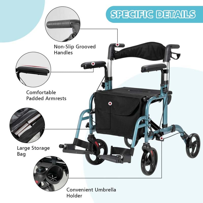 2 in 1 Rollator Walker Wheelchair Folding Medical Walker Rolling Transport Chair Mobility Walking Aid