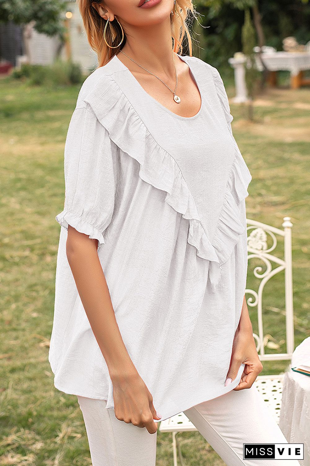 Elegant Solid Split Joint Flounce O Neck T-Shirts