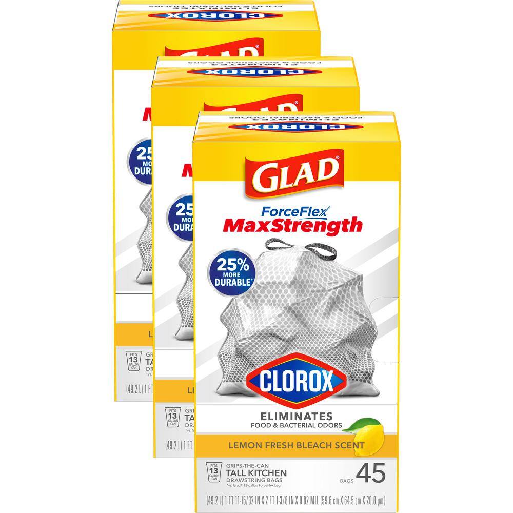 Glad ForceFlex Plus 13 Gal. Lemon Fresh Bleach Scent Grey Kitchen Drawstring Trash Bags with Clorox (45-Count 3-Pack)) C-316105701-3