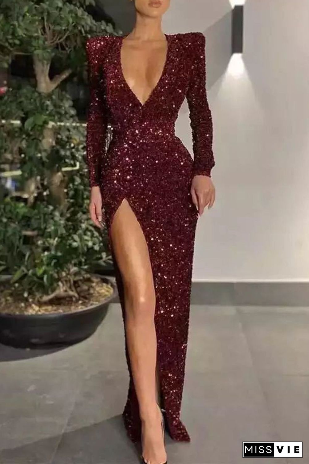 Sexy Formal Solid Sequined V Neck Evening Dress Dresses