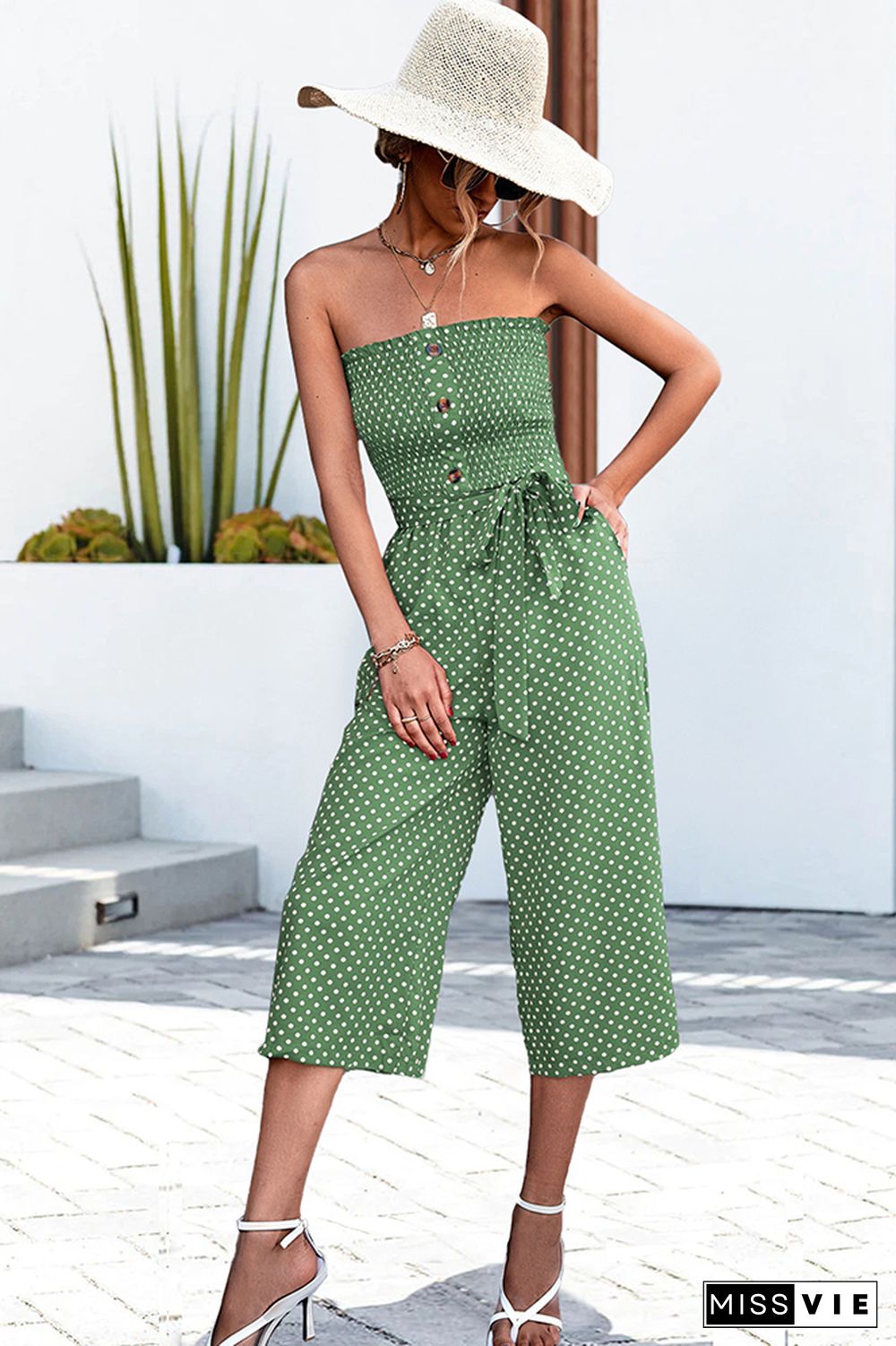 Polka Dot Off Shoulder Button Tie Waist Jumpsuit