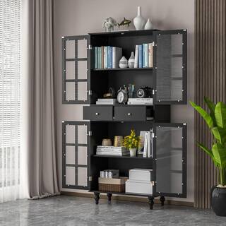 FUFUGAGA 72.4 in. H x 31.5 in W Black Paint Wood 4-Glass Doors Bookcase Bookshelf with Adjustable Shelves and 2-Drawers KF330031-02