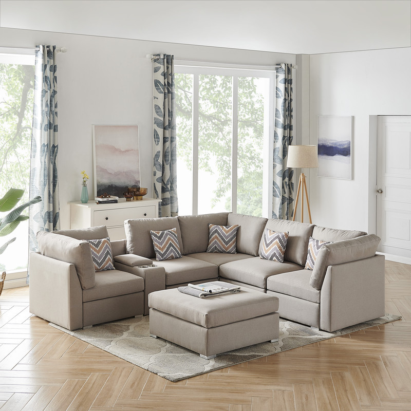 Amira Beige Fabric Reversible Sectional Sofa w USB Storage Console and Ottoman   Contemporary   Sectional Sofas   by PARMA HOME  Houzz