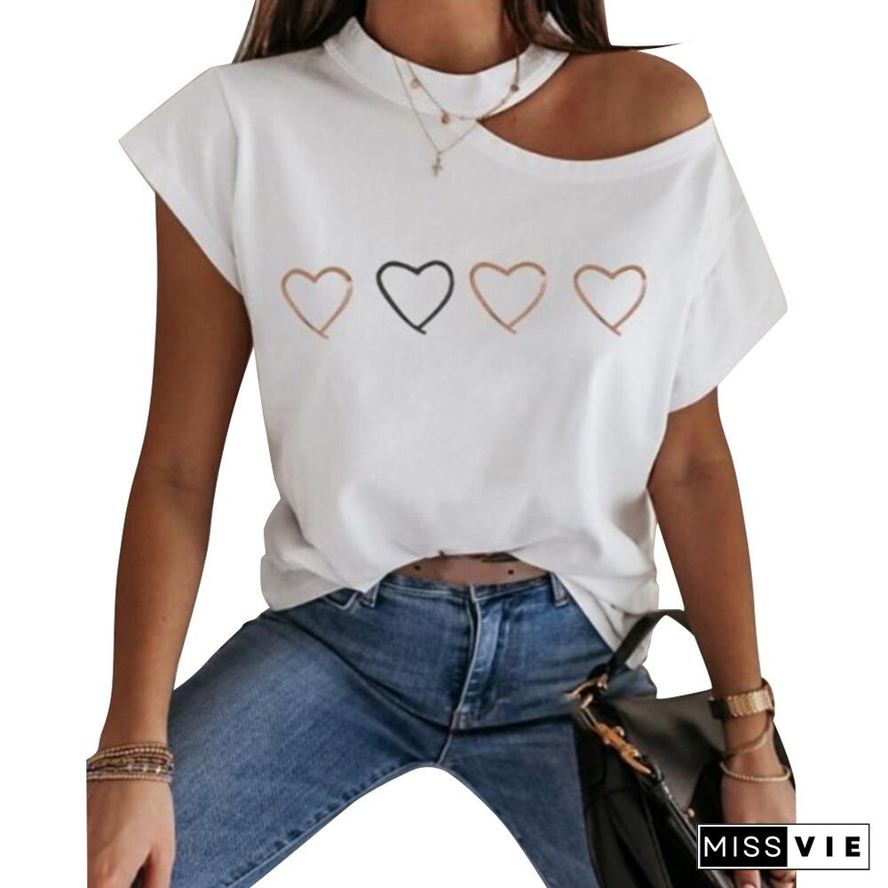 Women Summer Love Print Tshirt Casual Short Sleeve Tops Tees Sexy Off Shoulder T-Shirt O-Neck Loose Shirts Female D30