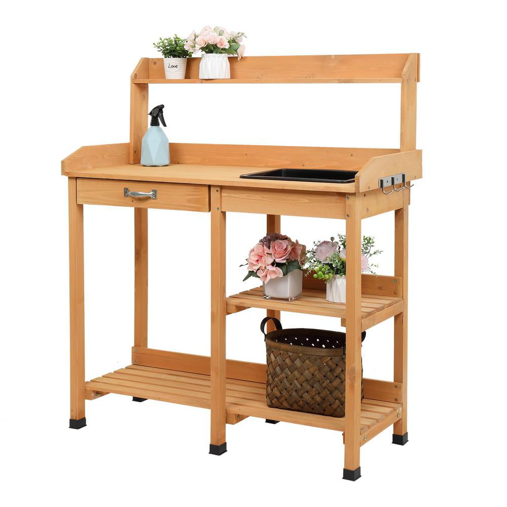 Zimtown Beige Fir Potting Bench Garden Workbench w/ Drawers and Sink