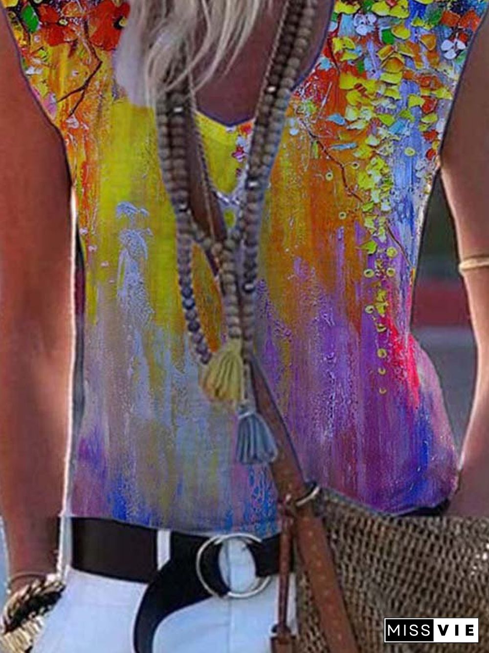 Printed Sleeveless Casual V Neck Shirts & Tops