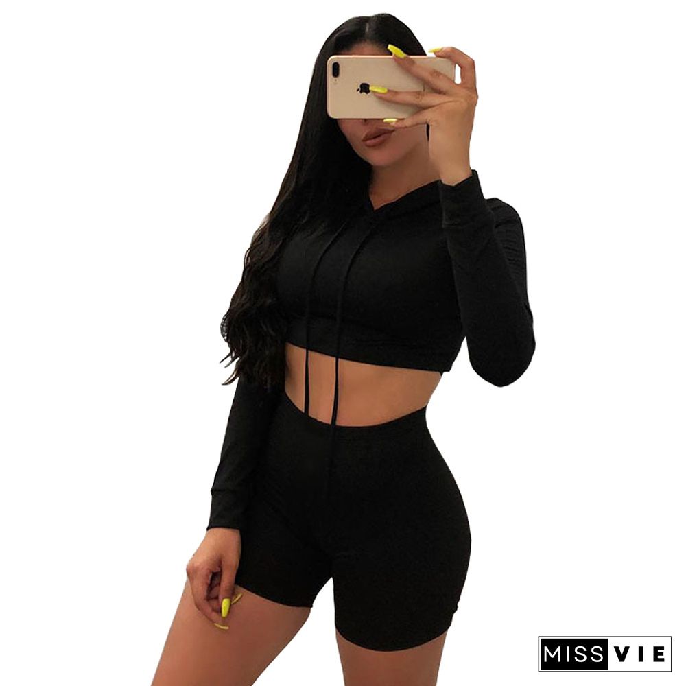 Women Long Sleeve Crop Hoodies With Bodycon Shorts 2 Pieces Sets