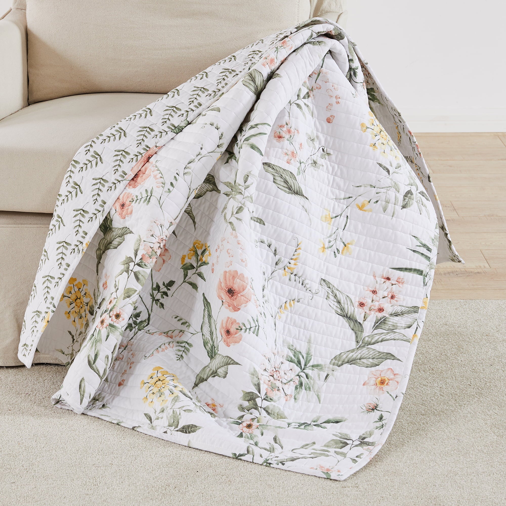 Levtex Home - Viviana - Quilted Throw - Botanical Floral - Coral, Green, Yellow, Cream - 50x60in. - Reversible - Cotton