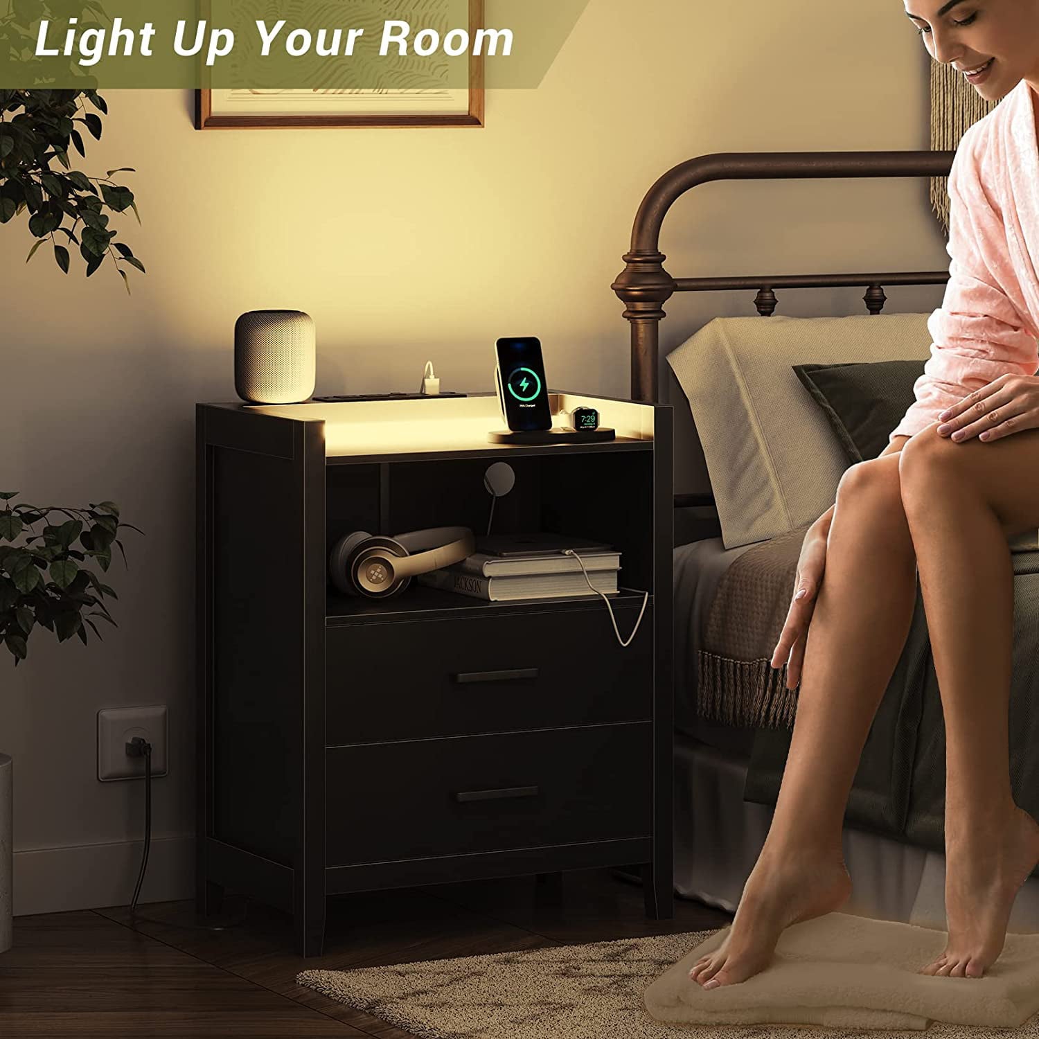 Black Nightstands for Bedroom with LED Light and Charging Station, 2 Drawers Bedside Table