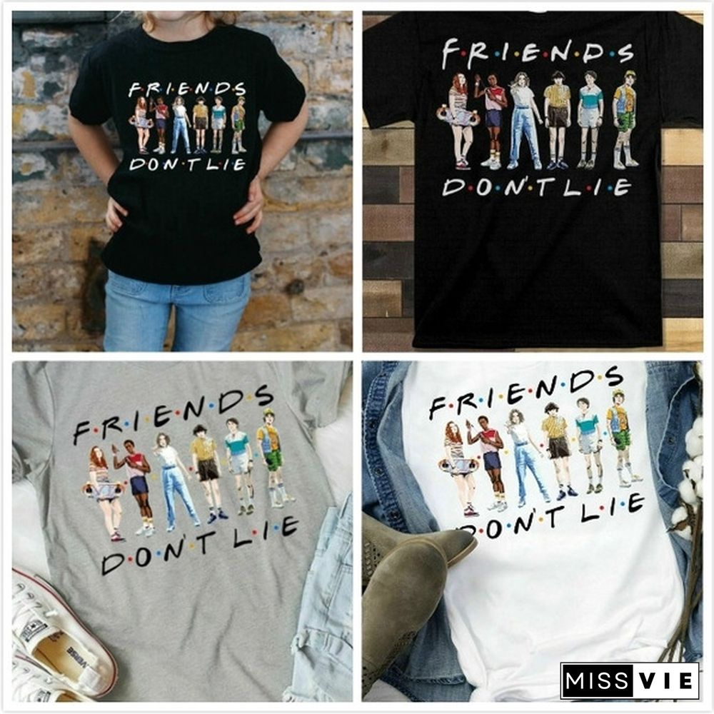 1Pcs Freind Dont Lie Six People Stand Printed T Shirt Stranger Things Letter Print Plus Size T Shirt White Short Sleeve Friends Dont Lie Printing Tees Feme Summe Tops