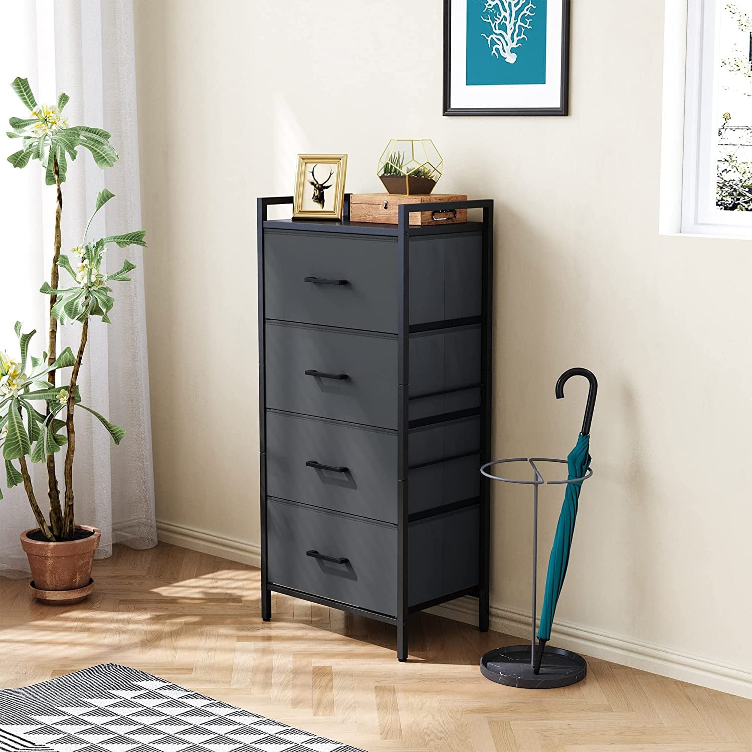 LINSY HOME 4 Fabric Drawers Dresser, Lightweight Storage Cabinet with Handles,Black