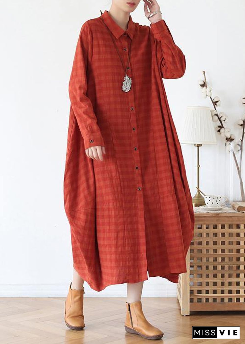 Women orange red dresses lapel Button Down Maxi fall Dress