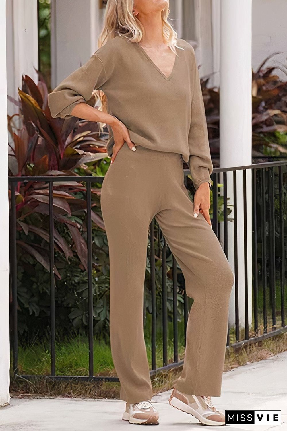 Solid V Neck Top & Straight Leg Pants Set