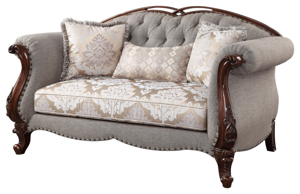 Benzara BM250250 Loveseat  Button Tufted Back and Queen Anne Legs  Gray/Brown   Victorian   Loveseats   by Uber Bazaar  Houzz