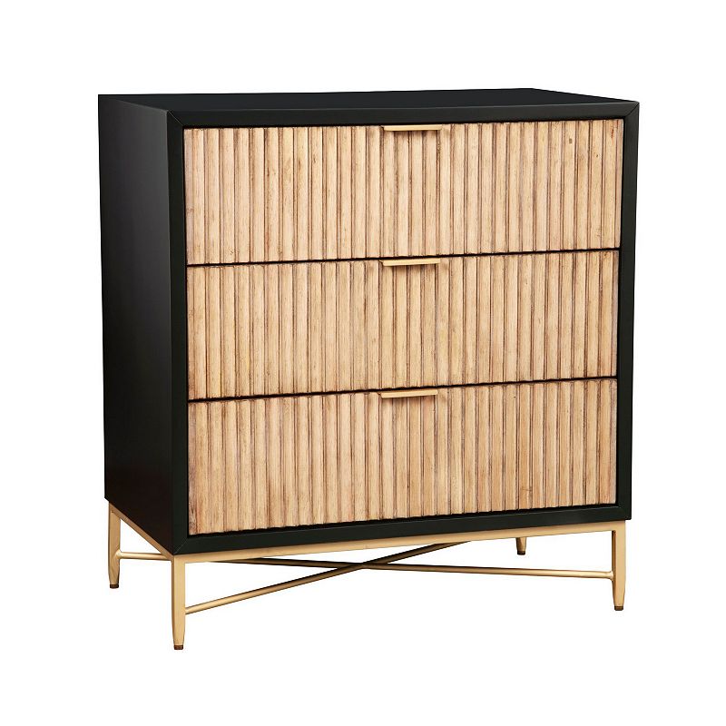 Accent Chest with 3 Corrugated Drawers and Metal Base， Black