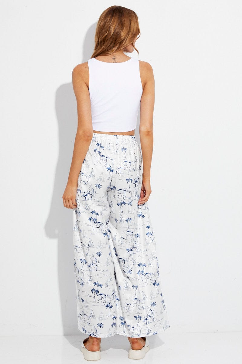 Blue Abstract Pant Elastic High Waist Wide Leg Printed Satin