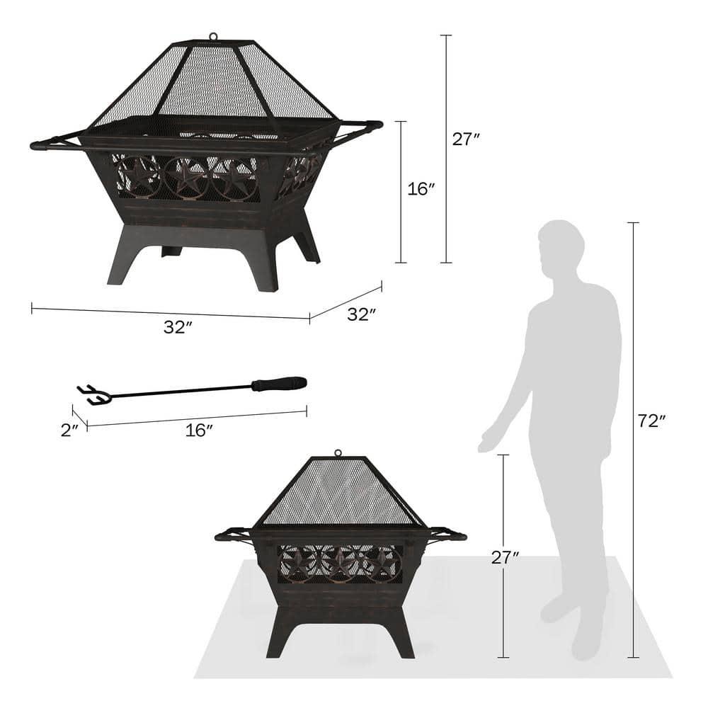 Pure Garden 32 in W x 27 in H Square Steel Wood Burning Outdoor Deep Fire Pit in Black with Star Design