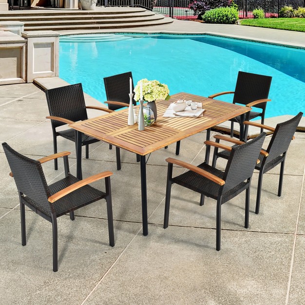 Tangkula 7 Pcs Patio Rattan Dining Furniture Set Armrest Chairs Wooden Table