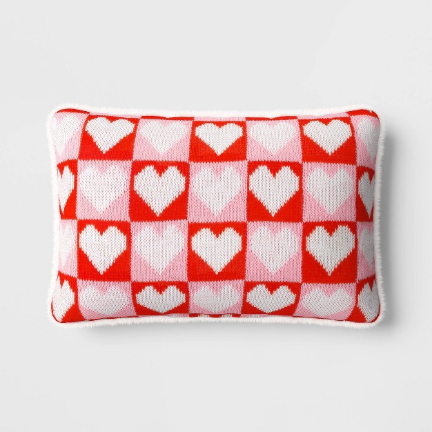 Valentine x27 s Day Knit Checkered Hearts Lumbar Throw Pillow Pink red white