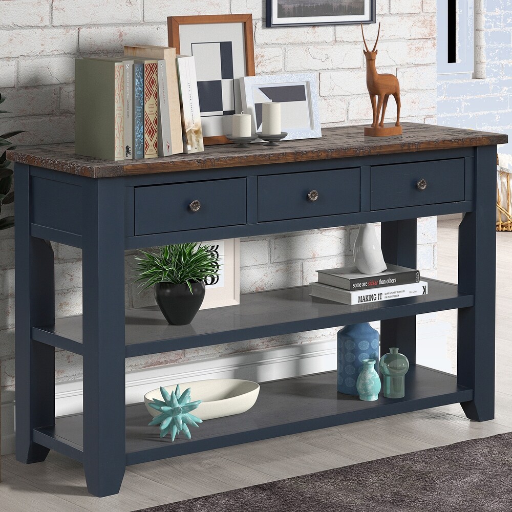 Modern Solid Pine Wood Top Console Table with Drawers and Shelves