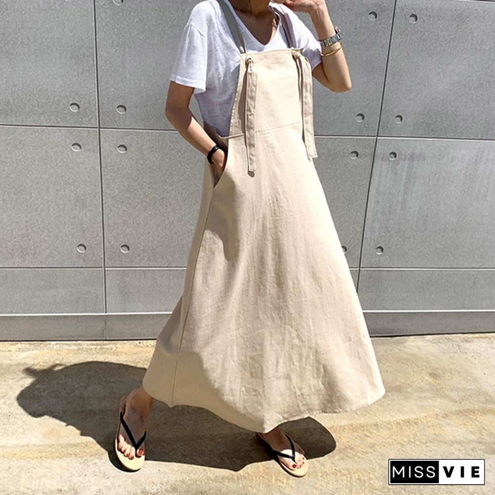 Women Summer Plus Size Strappy Maxi Sundress Loose Solid Pinafore Overalls Holiday Dress Oversized