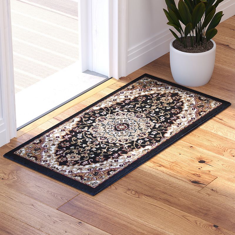 Masada Rugs Masada Rugs Bellagio Collection 2'x3' Traditional Oriental Door Mat Area Rug in Black - Design B401