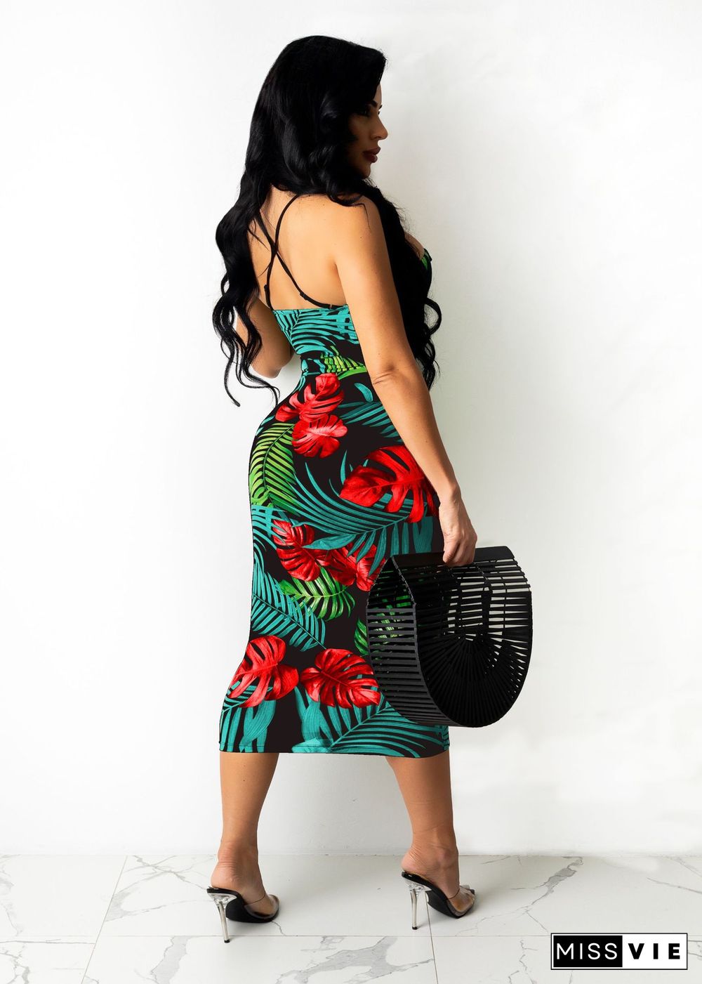 Summer Hot Printed Low Cut Sleeveless Women Fashion Bodycon Streetwear High Waist Lace Up Long Dress