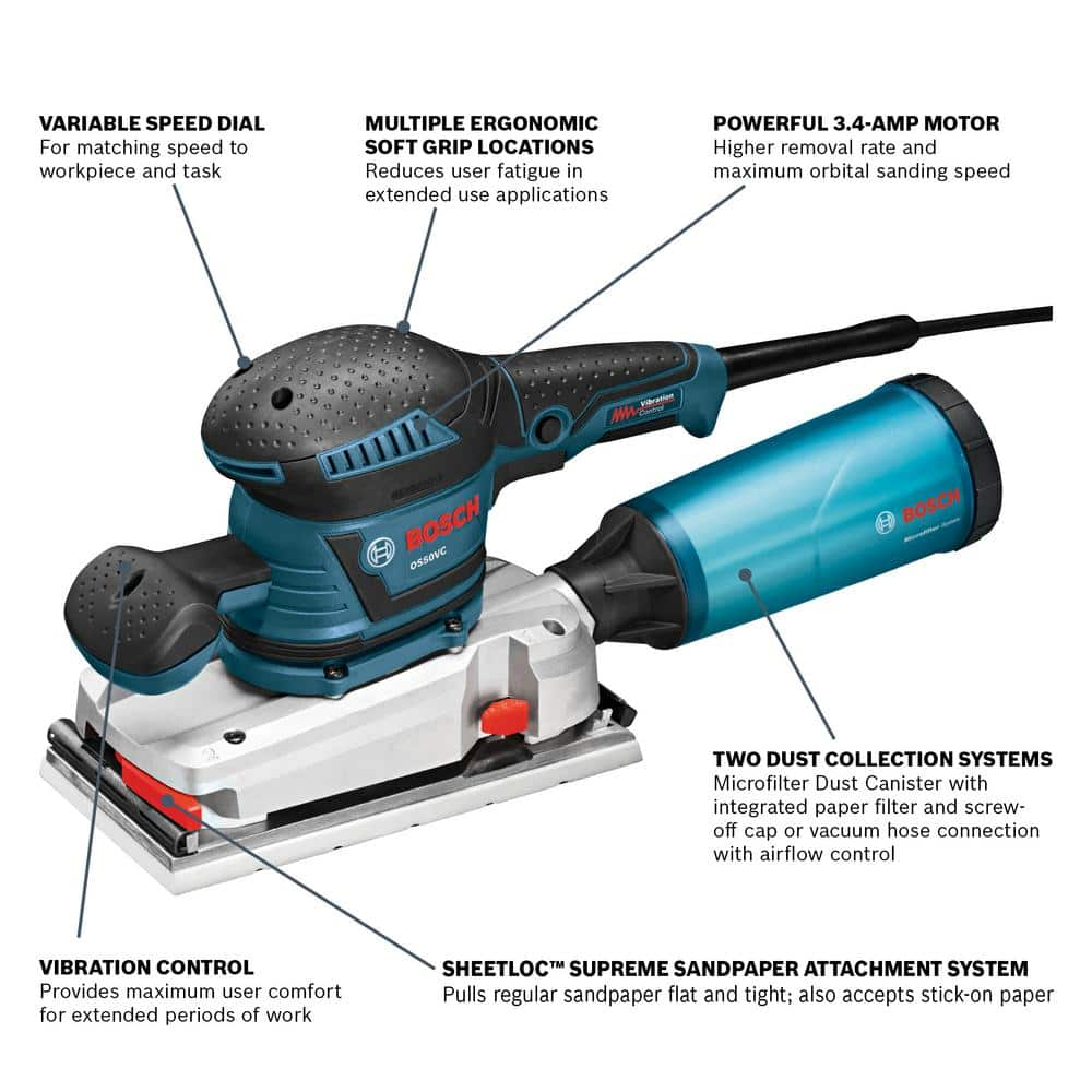 Bosch 3.4 Amp 1/2 in. Corded Electric Finishing Orbital Sander Kit with Vibration Control for 4.5 in. x 9 in. Sheets OS50VC