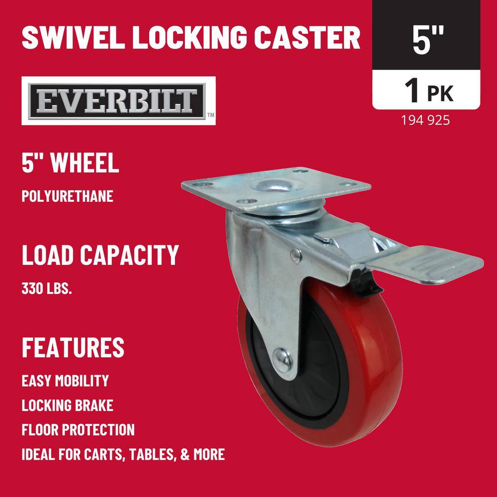 Everbilt 5 in. Red Polyurethane and Steel Swivel Plate Caster with Locking Brake and 330 lbs. Load Rating 4120945EB