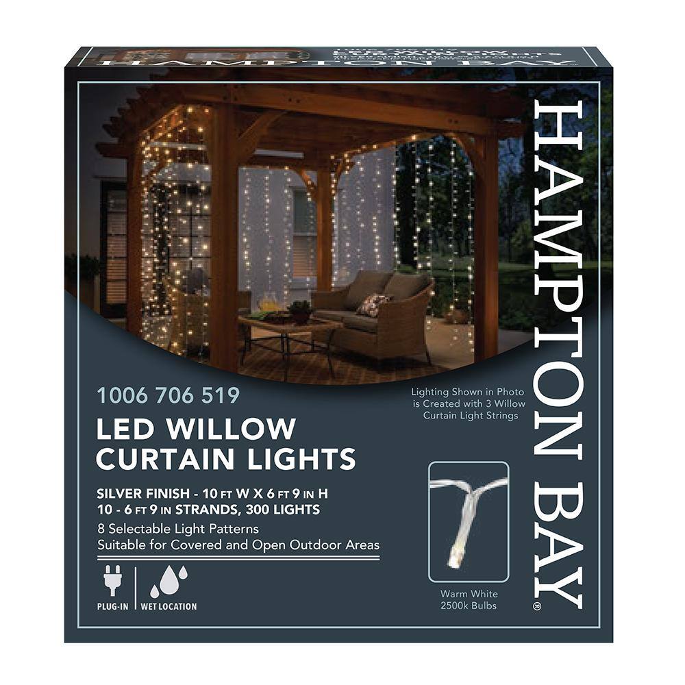 Hampton Bay OutdoorIndoor 10 ft. Plug-In Warm White Mini Bulb Integrated LED 10 Strand Willow Curtain String Light FY10120WILLOWHD