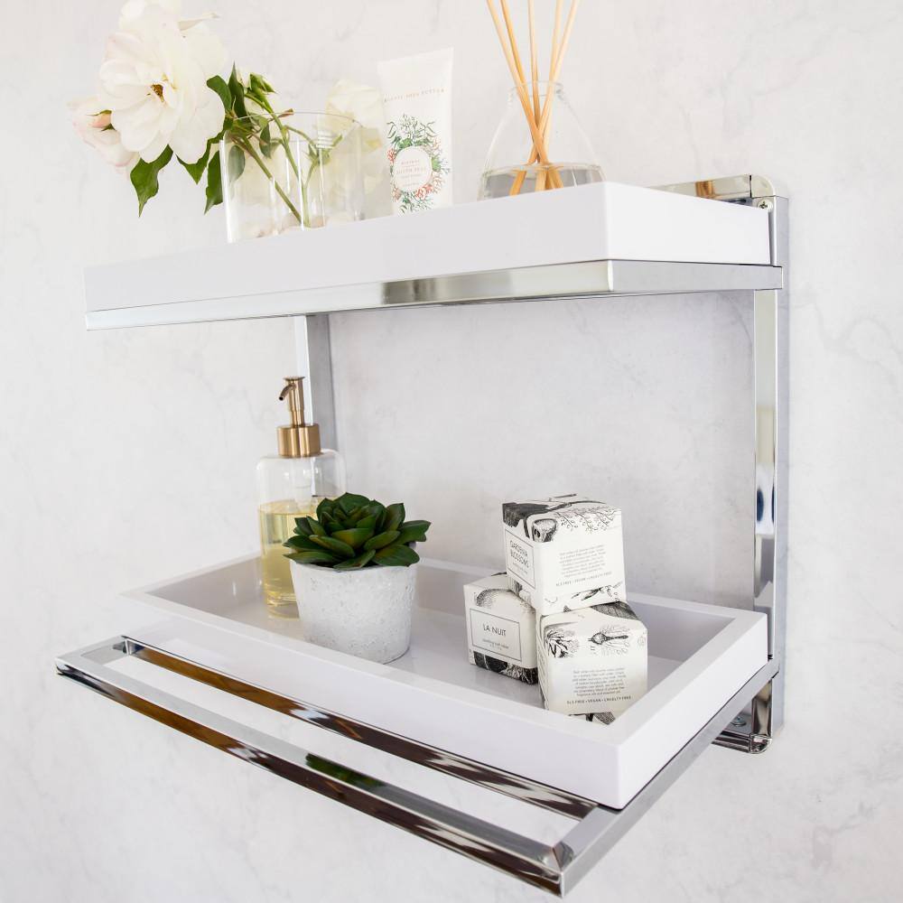 DANYA B Mindy 16 in. Chrome and White ABS Towel Rack and Double Decorative Wall Shelf HA80582