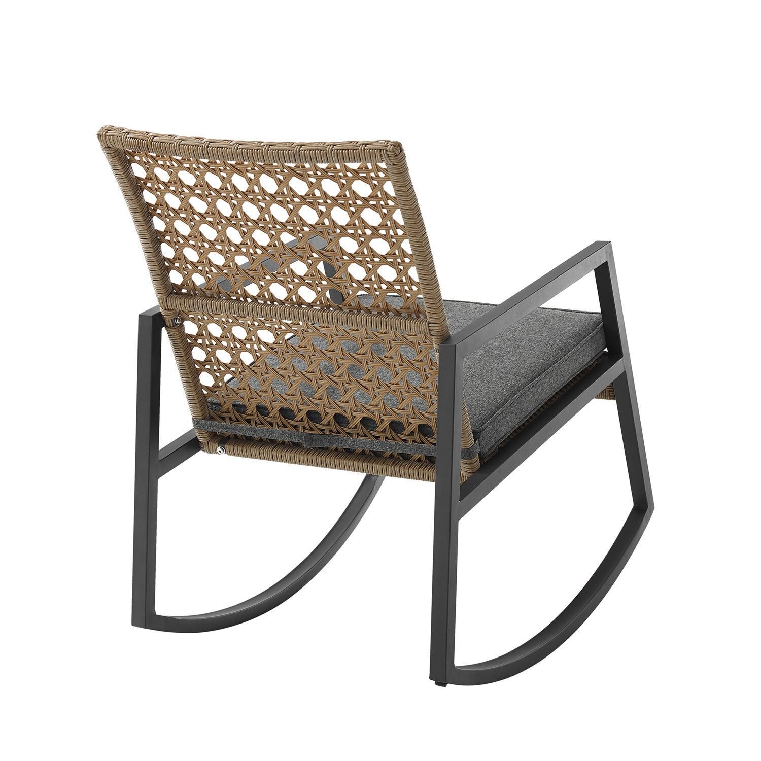 Ultimate Patio Pointebell Rattan and Steel Patio Rocking Chair W/ Gray Cushion