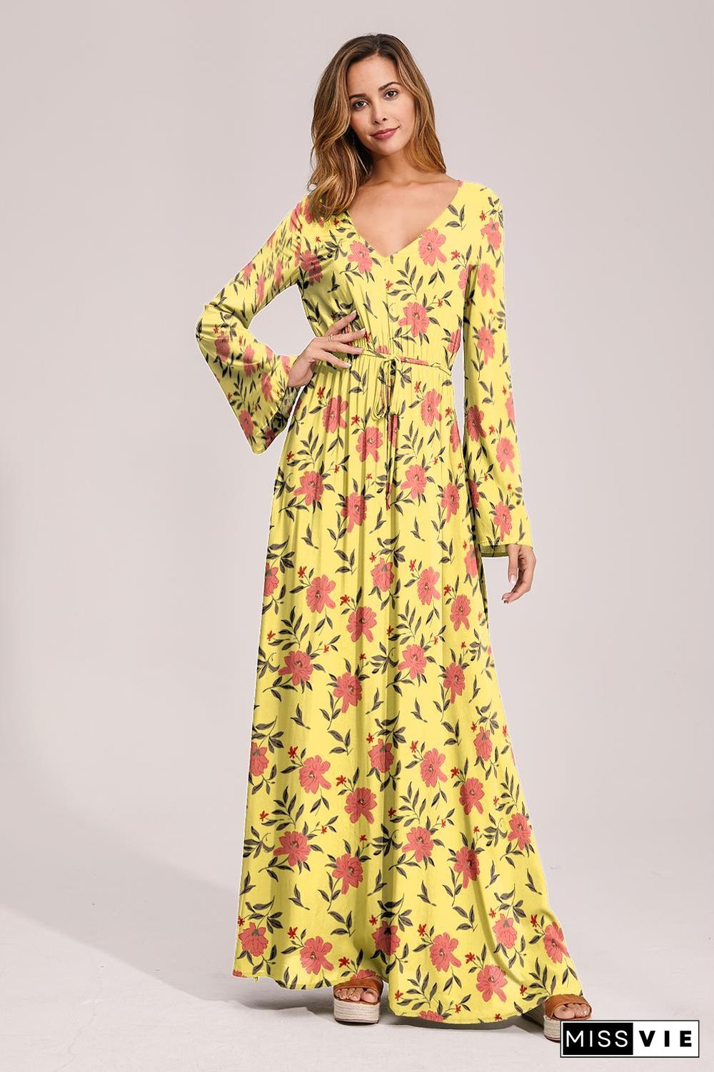 Floral Deep Long Sleeves Tie Back Ruffled Hem Maxi Dress