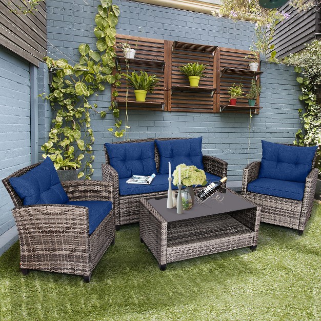 Costway 4 Pcs 8pcs Patio Rattan Furniture Set Coffee Table Cushioned Sofa Garden Lawn Navy